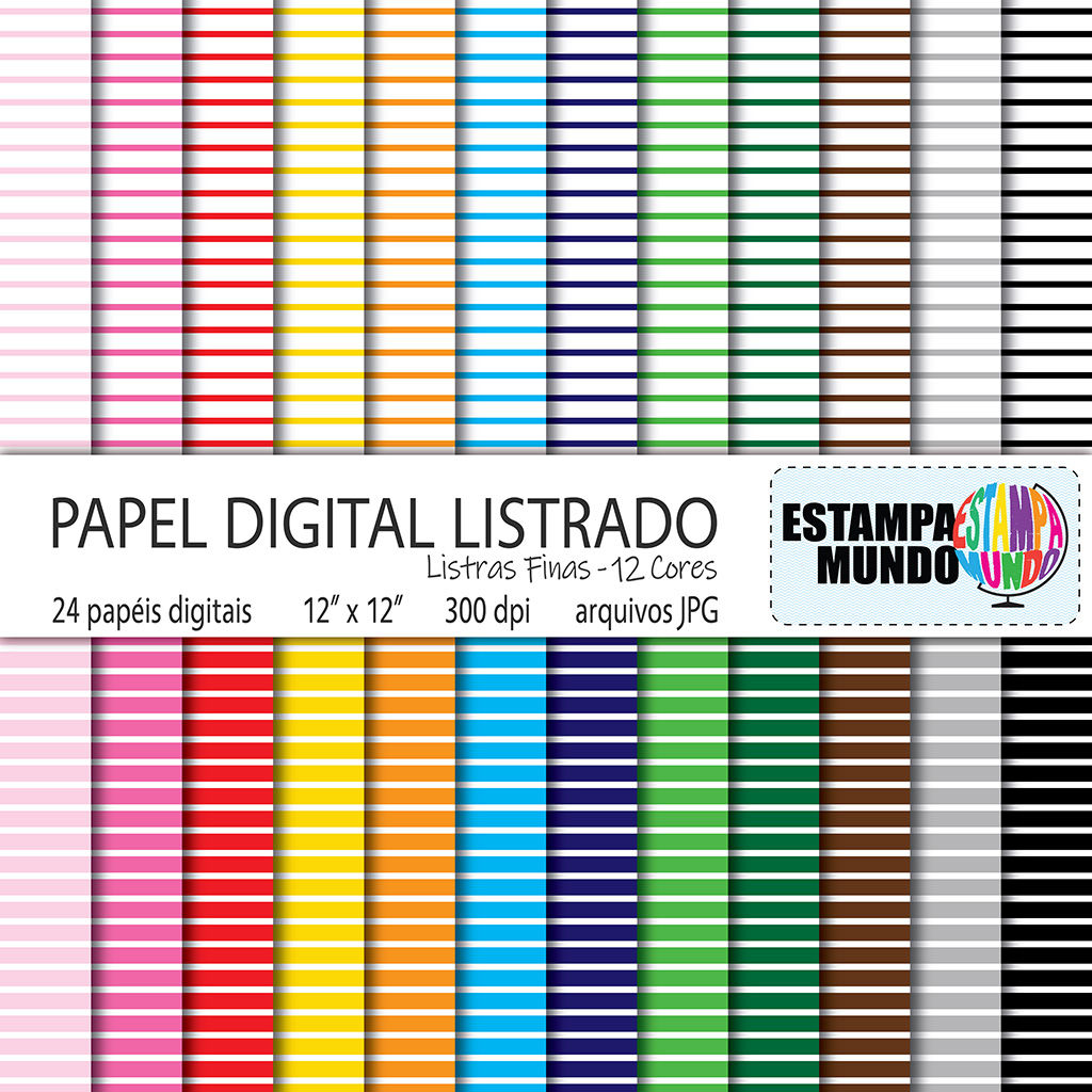 Papel Digital Listrado - Listras Finas - 12 Cores - 24 Papéis