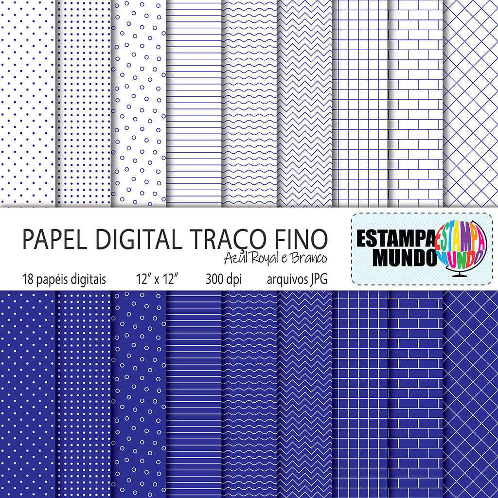 Papel Digital Traço Fino Azul Royal e Branco