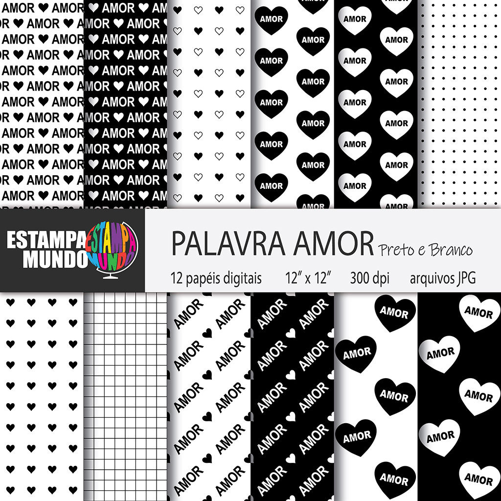 Papel Digital Palavra Amor Preto e Branco