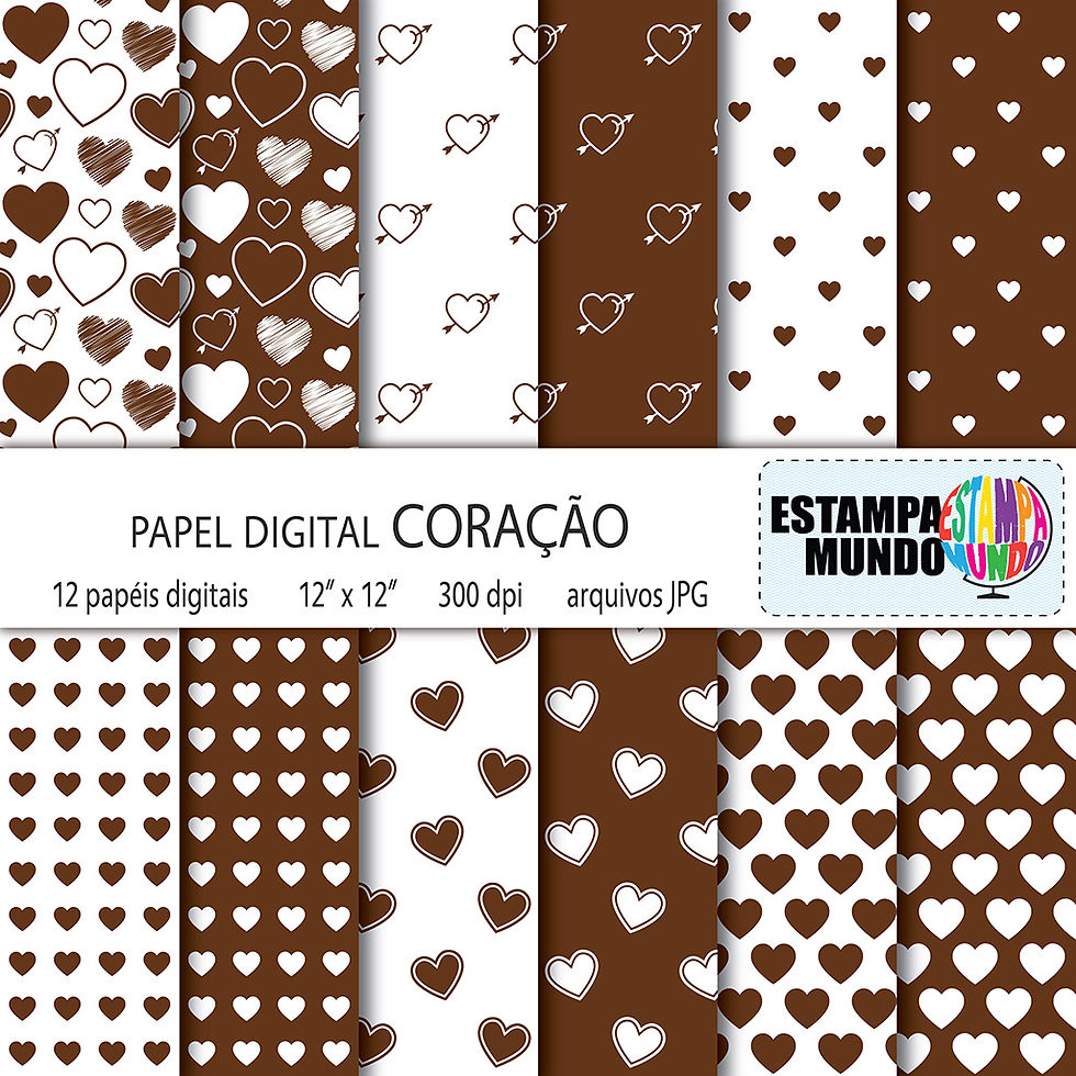 Papel Digital Coração Marrom e Branco