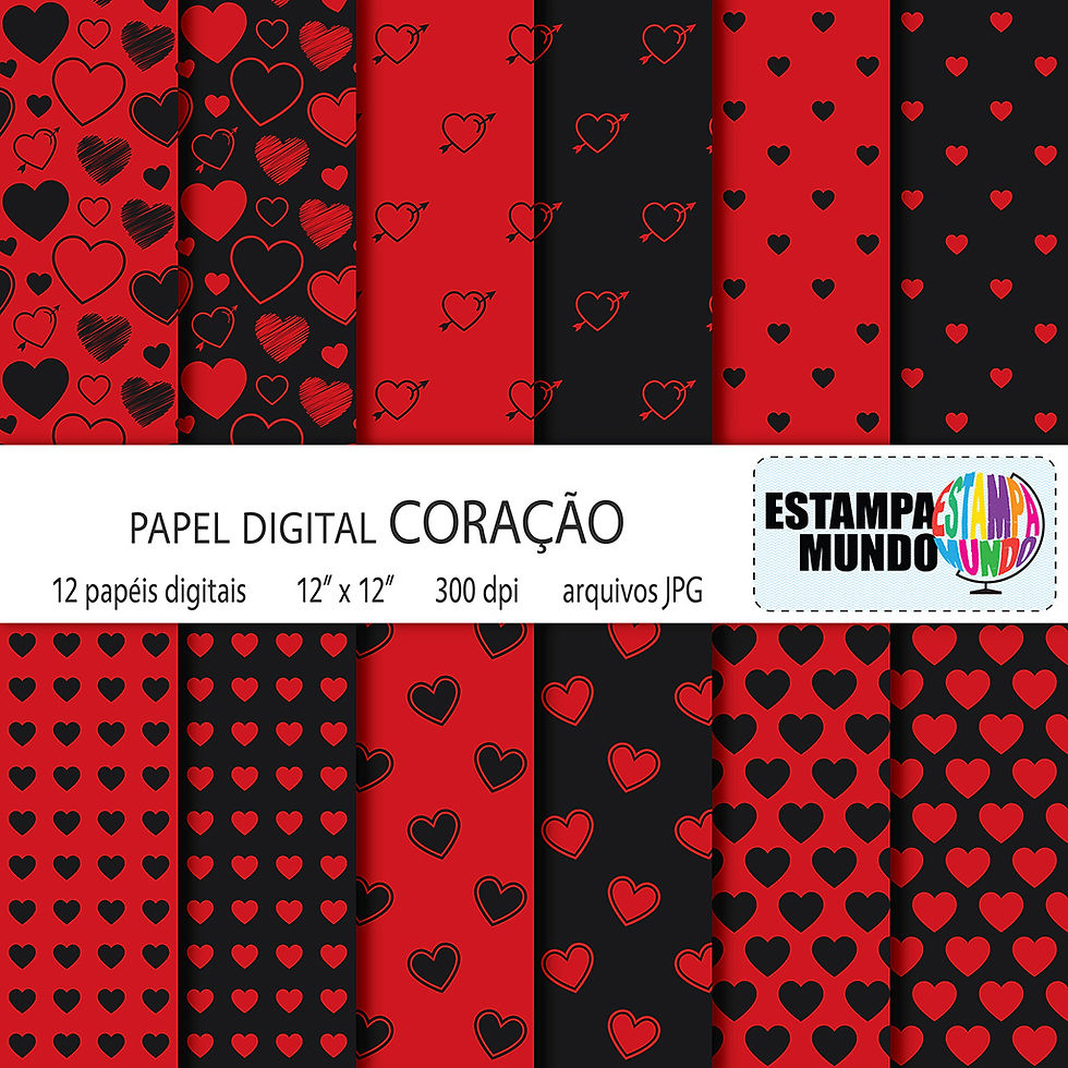 Papel Digital Coração Vermelho Escuro e Preto Fosco
