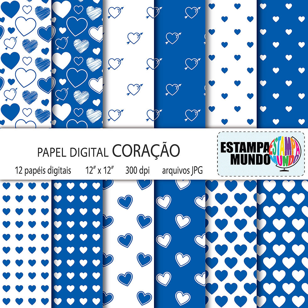 Papel Digital Coração Azul Cobalto e Branco