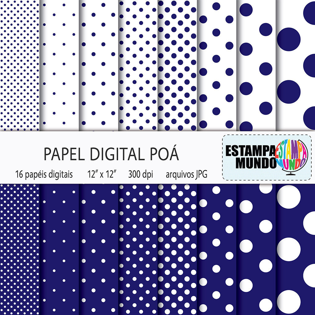 Papel Digital Poá Azul Marinho e Branco