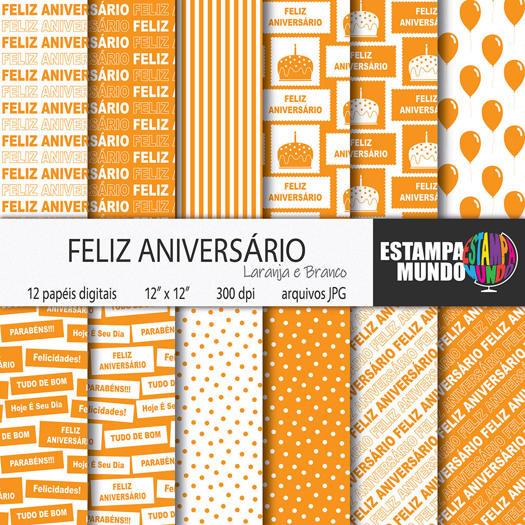 Papel Digital Feliz Aniversário Laranja e Branco