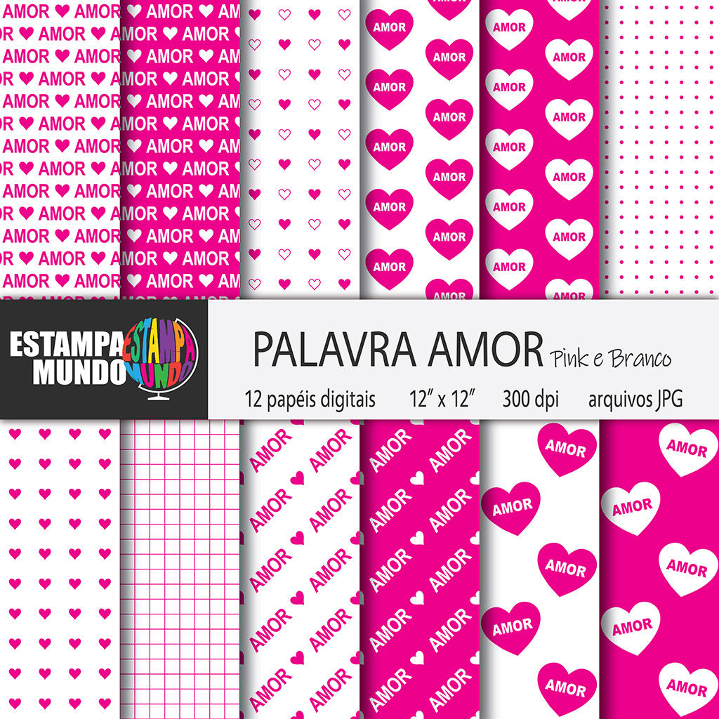 Papel Digital Palavra Amor Pink e Branco