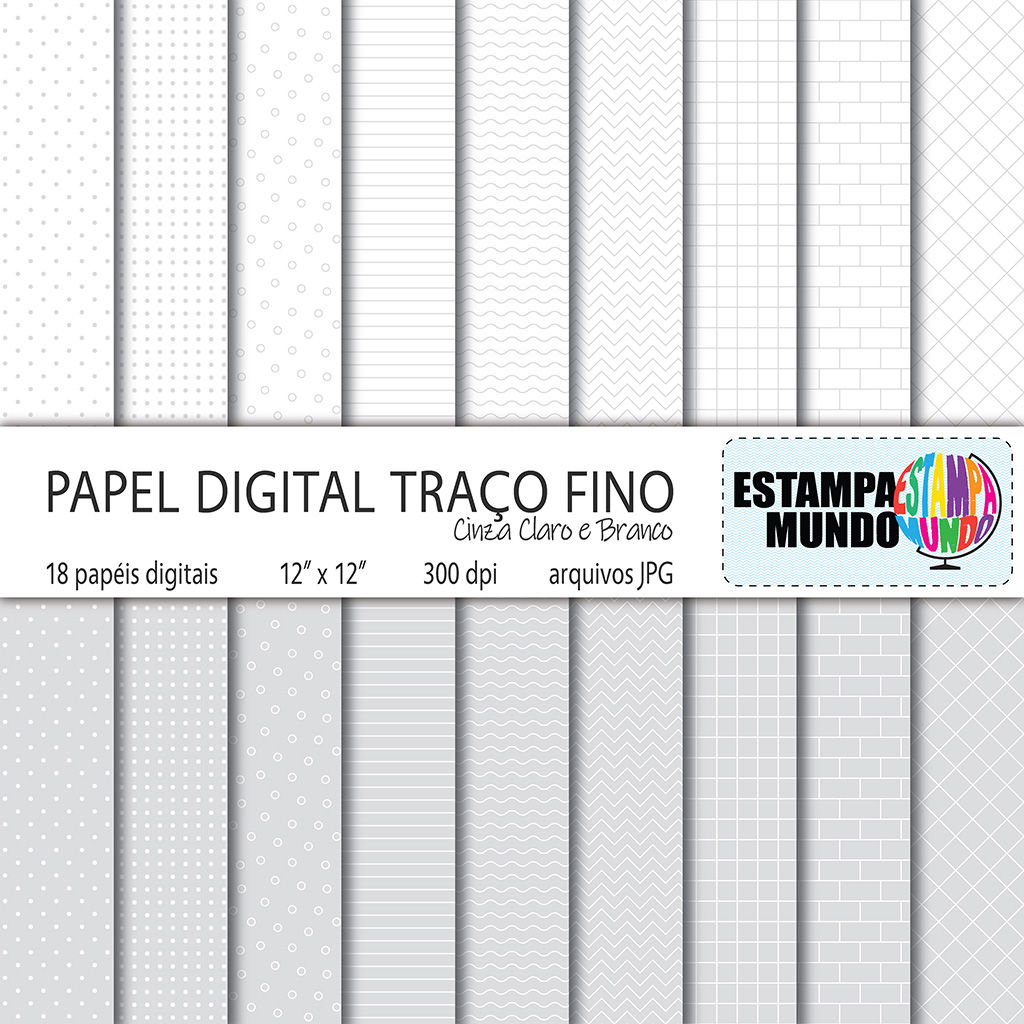 Papel Digital Traço Fino Cinza Claro e Branco