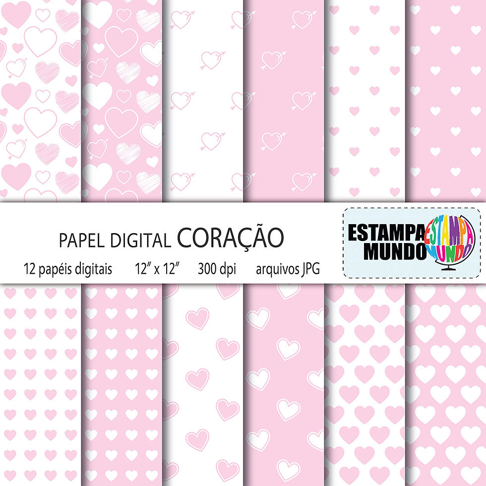 Papel Digital Coração Rosa Claro e Branco