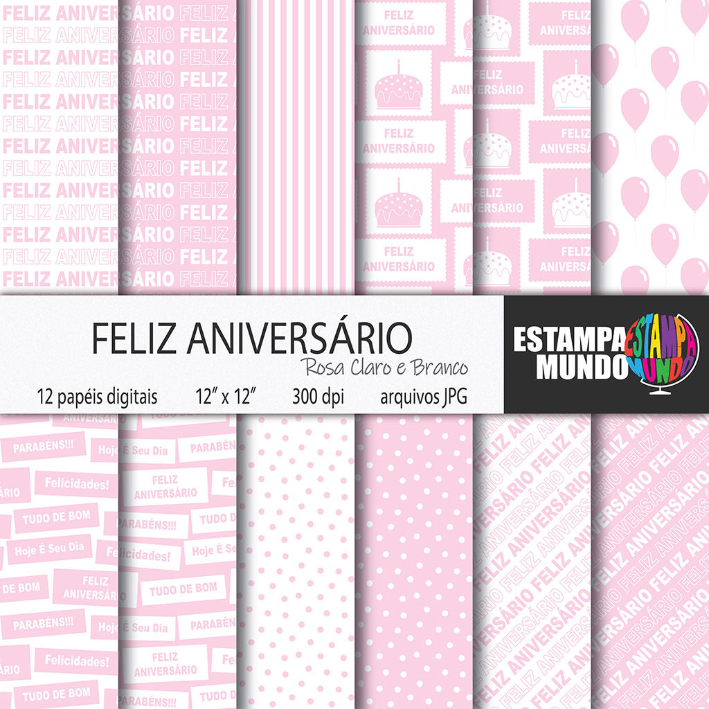 Papel Digital Feliz Aniversário Rosa Claro e Branco