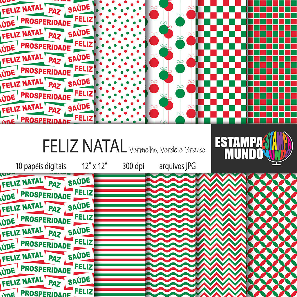 Papel Digital Feliz Natal Vermelho Verde e Branco