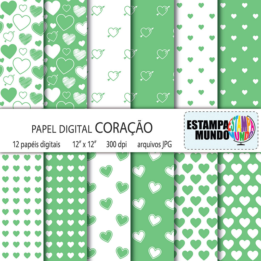 Papel Digital Coração Verde Claro e Branco