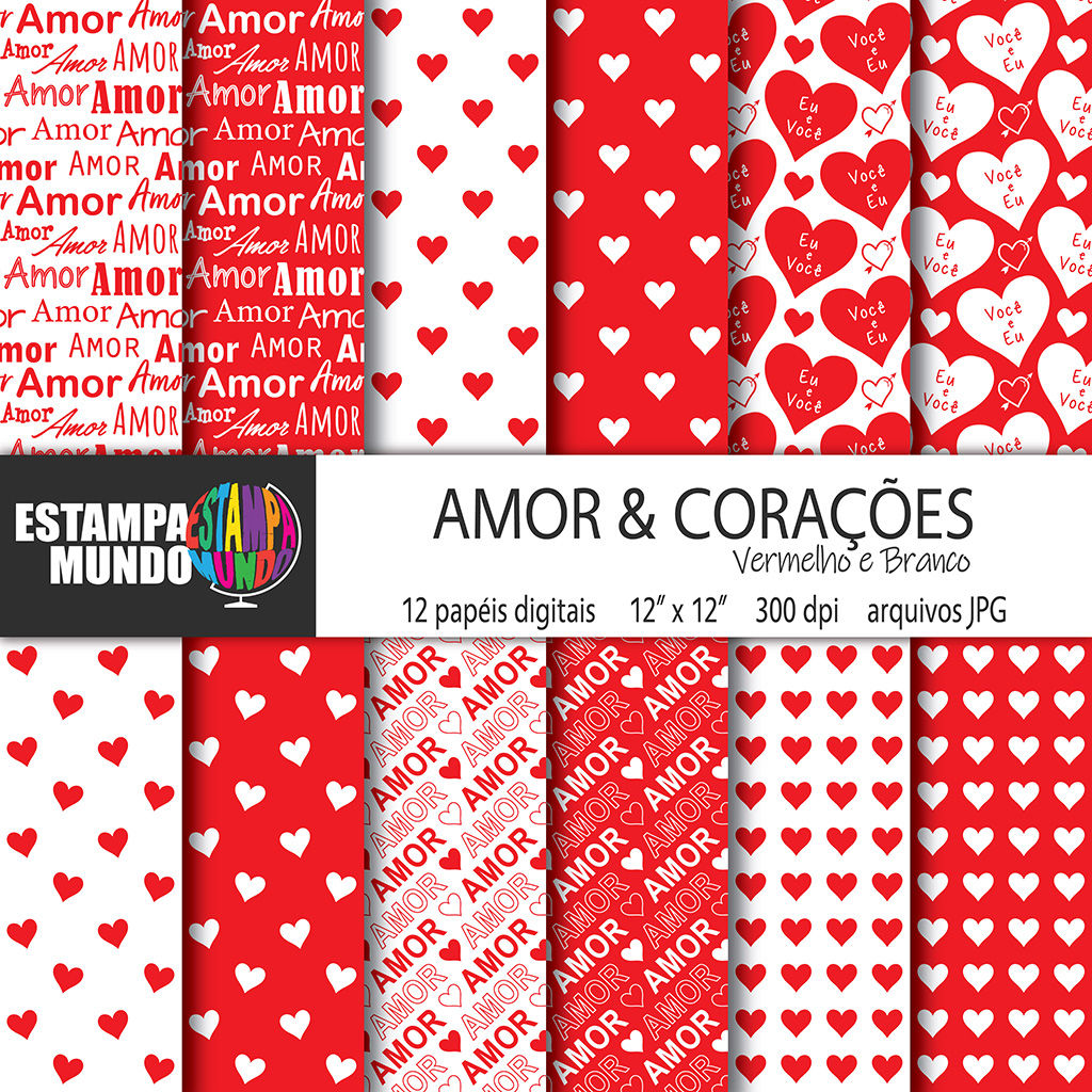Papel Digital Amor e Corações Vermelho e Branco