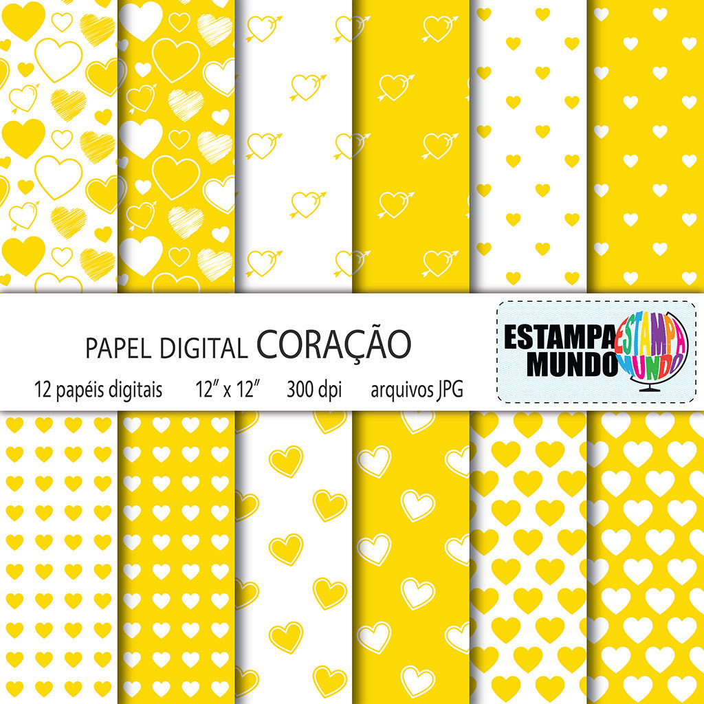 Papel Digital Coração Amarelo Ouro e Branco