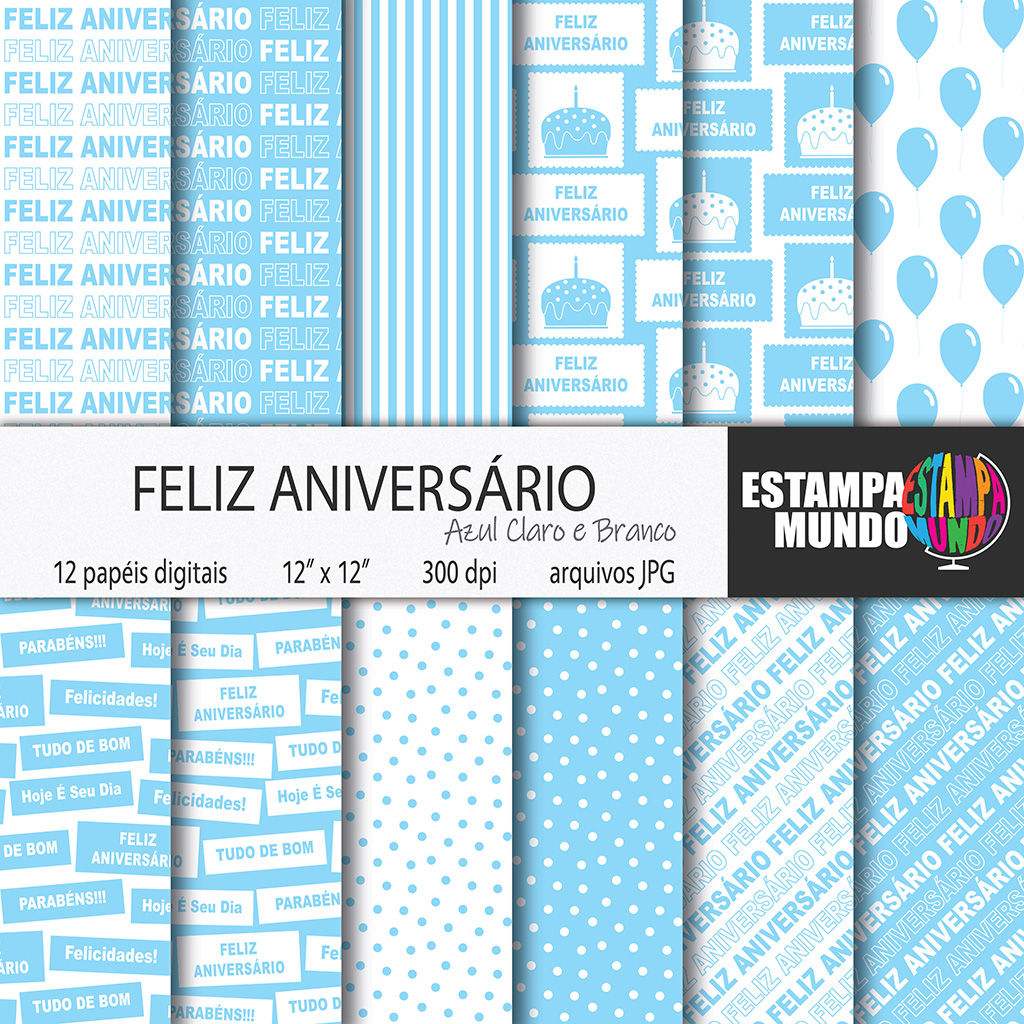 Papel Digital Feliz Aniversário Azul Claro e Branco