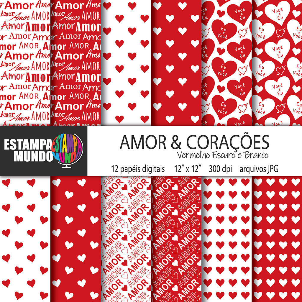 Papel Digital Amor e Corações Vermelho Escuro e Branco