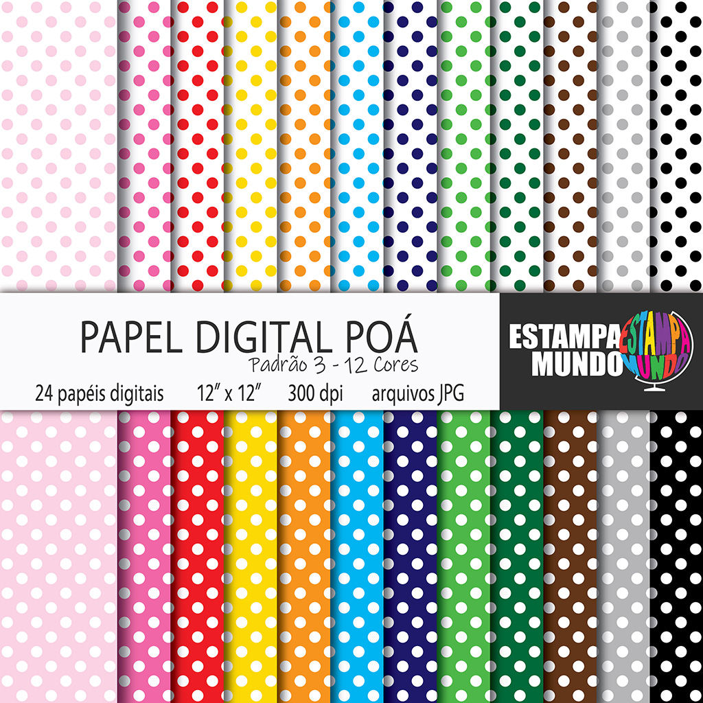 Papel Digital Poá - Padrão 3 - 12 Cores - 24 Papéis