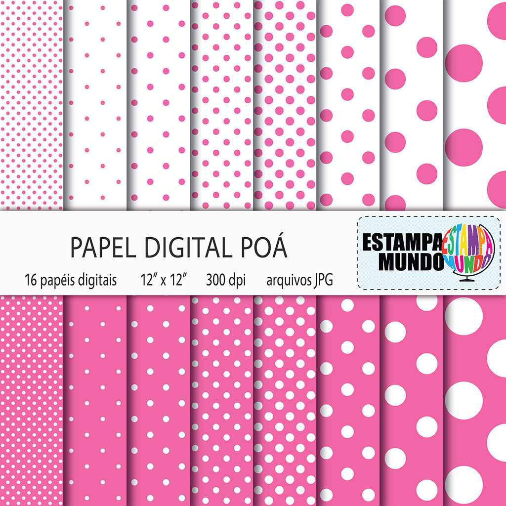 Papel Digital Poá Rosa e Branco