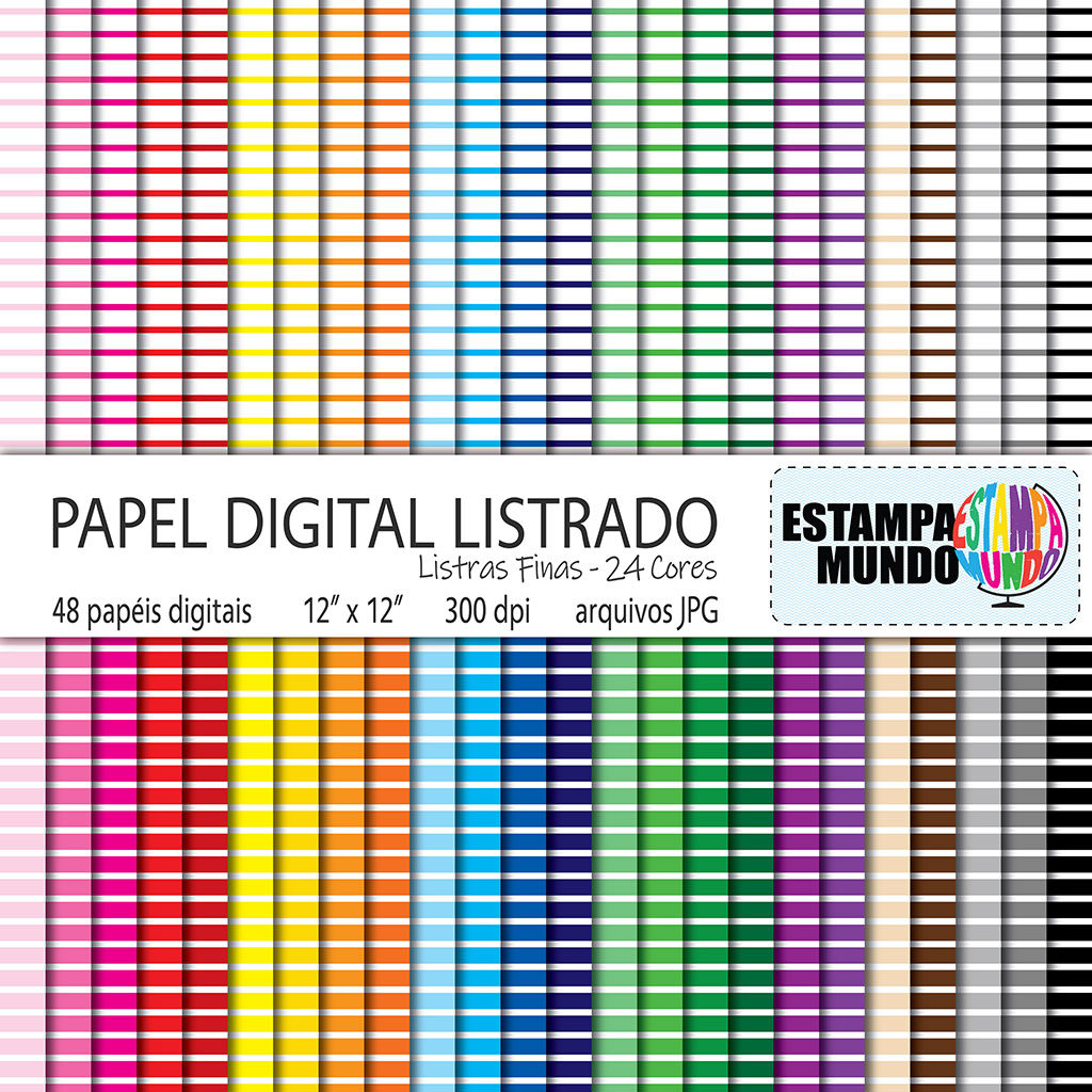 Papel Digital Listrado - Listras Finas - 24 Cores - 48 Papéis