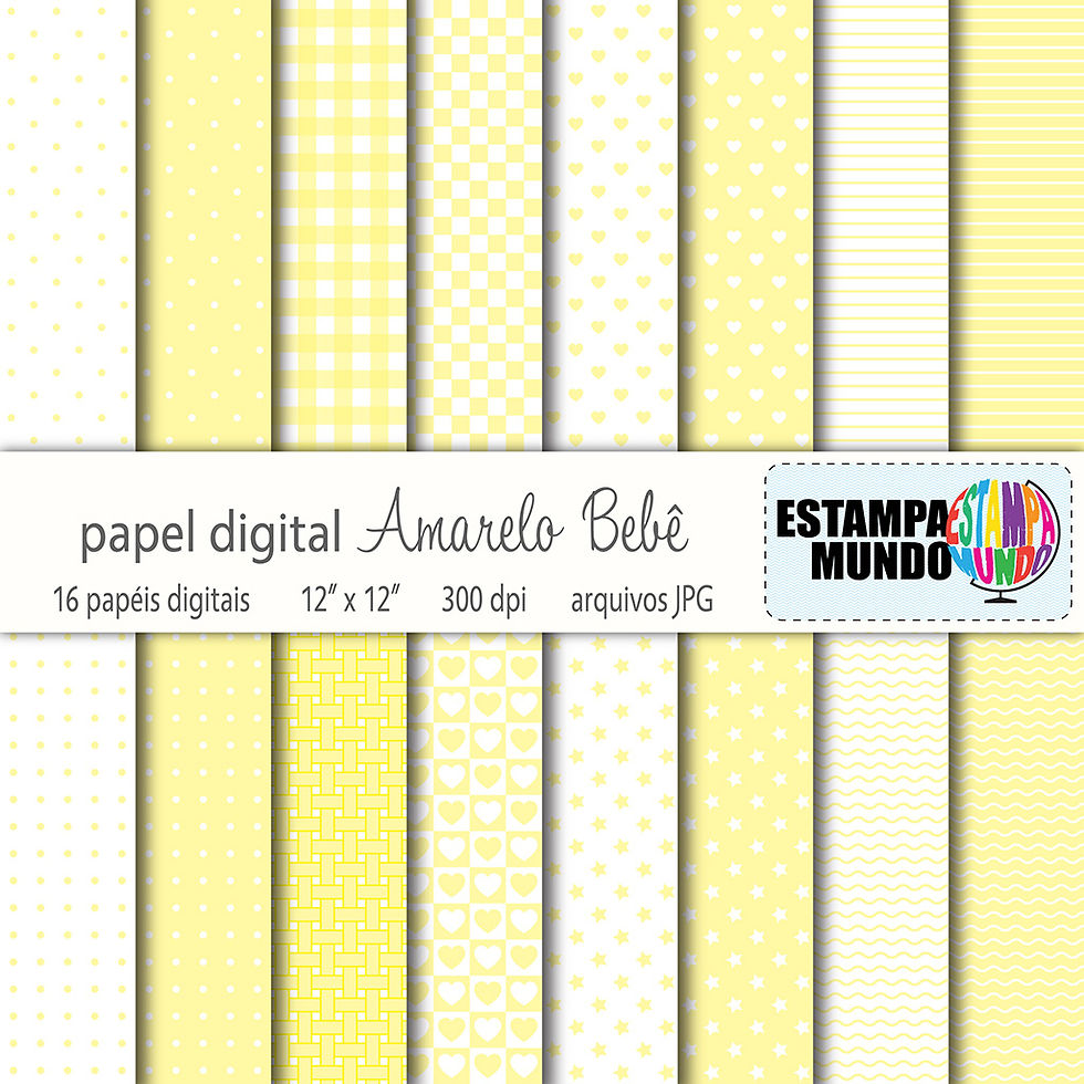 Papel Digital Amarelo Bebê. Kit digital com estampas delicadas em amarelo e branco.