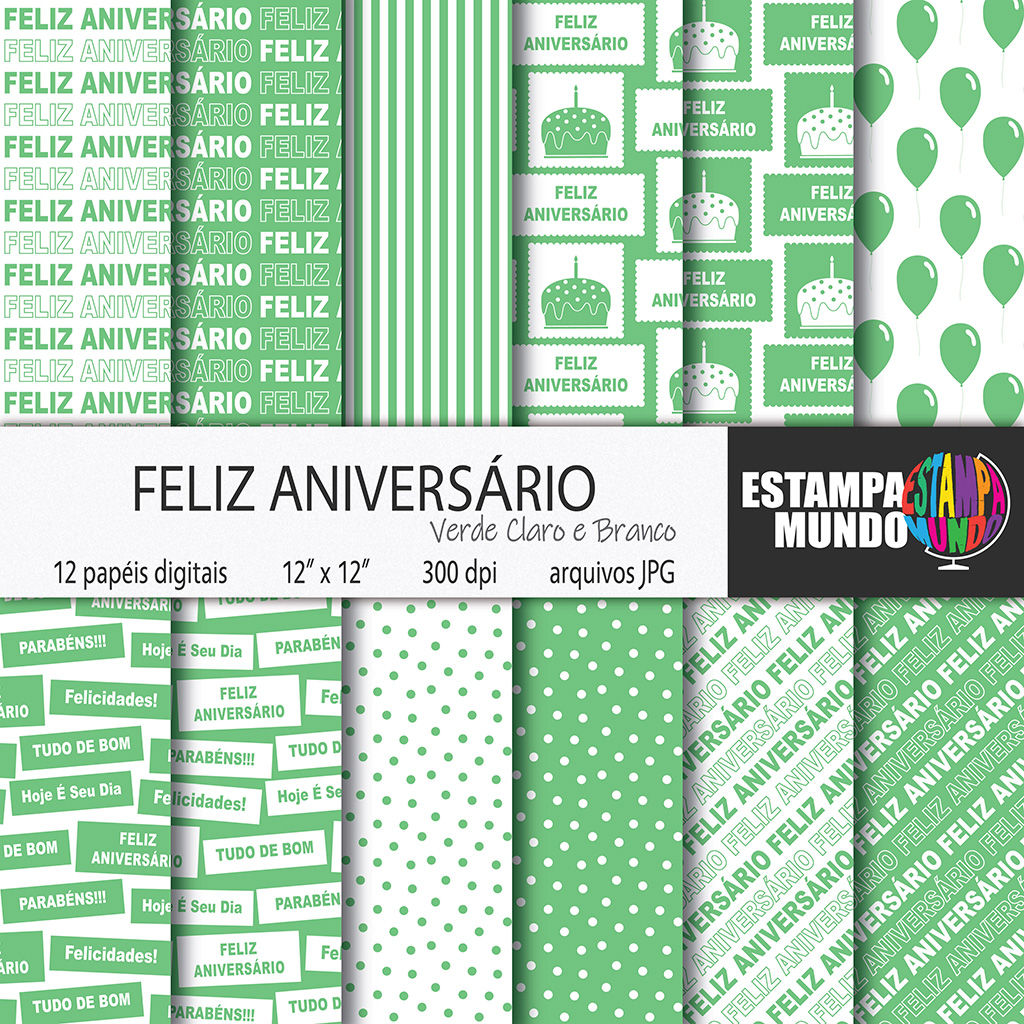 Papel Digital Feliz Aniversário Verde Claro e Branco