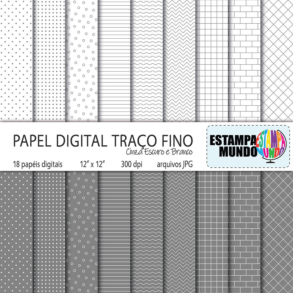 Papel Digital Traço Fino Cinza Escuro e Branco