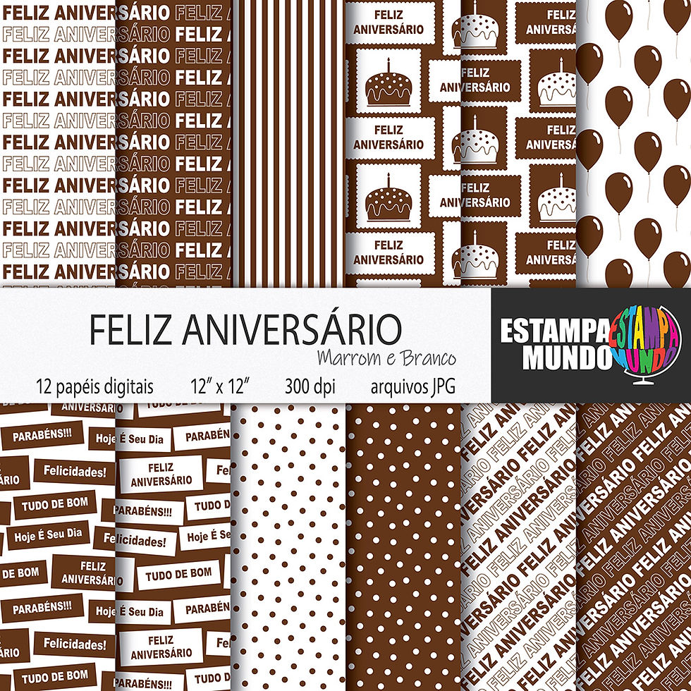Papel Digital Feliz Aniversário Marrom e Branco