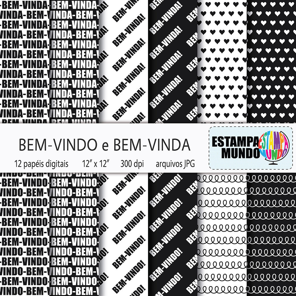 Papel Digital Bem-Vindo e Bem-Vinda Preto