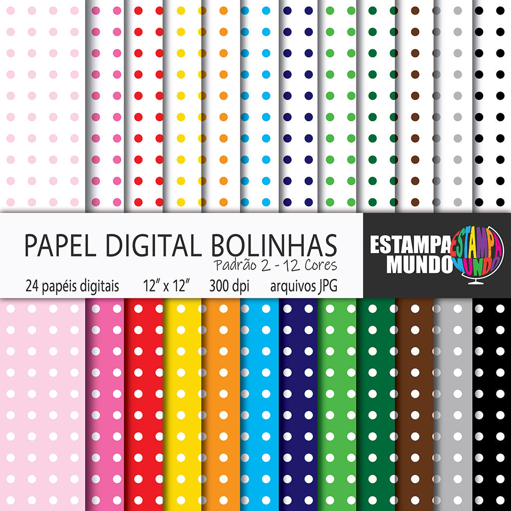 Papel Digital Bolinhas - Padrão 2 - 12 Cores - 24 Papéis