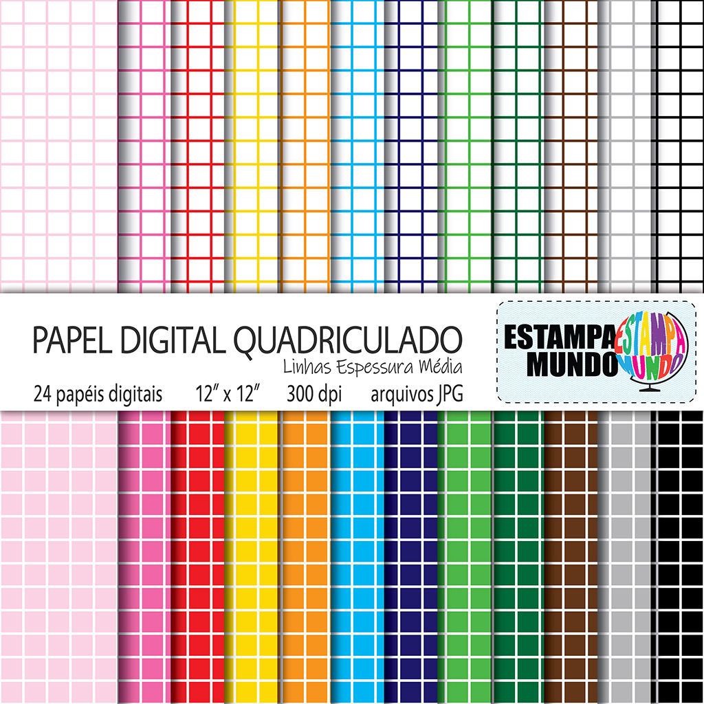 Papel Digital Quadriculado – Linhas Espessura Média – 12 Cores – 24 Papéis