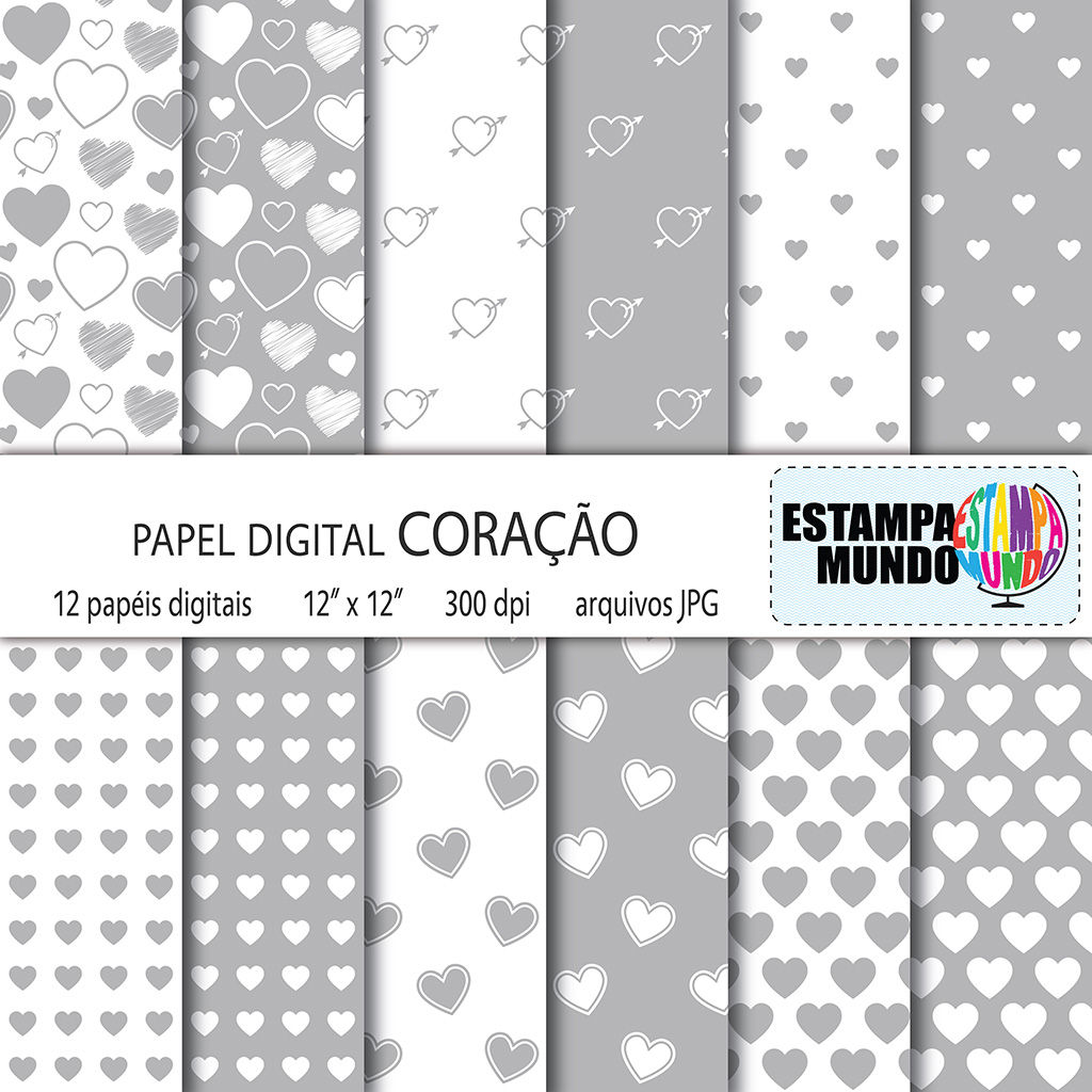 Papel Digital Coração Cinza e Branco
