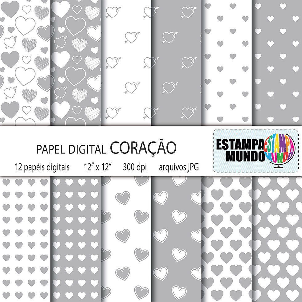 Papel Digital Coração Cinza e Branco