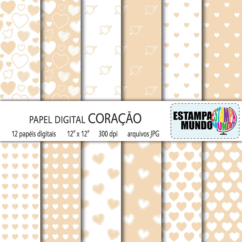 Papel Digital Coração Bege e Branco