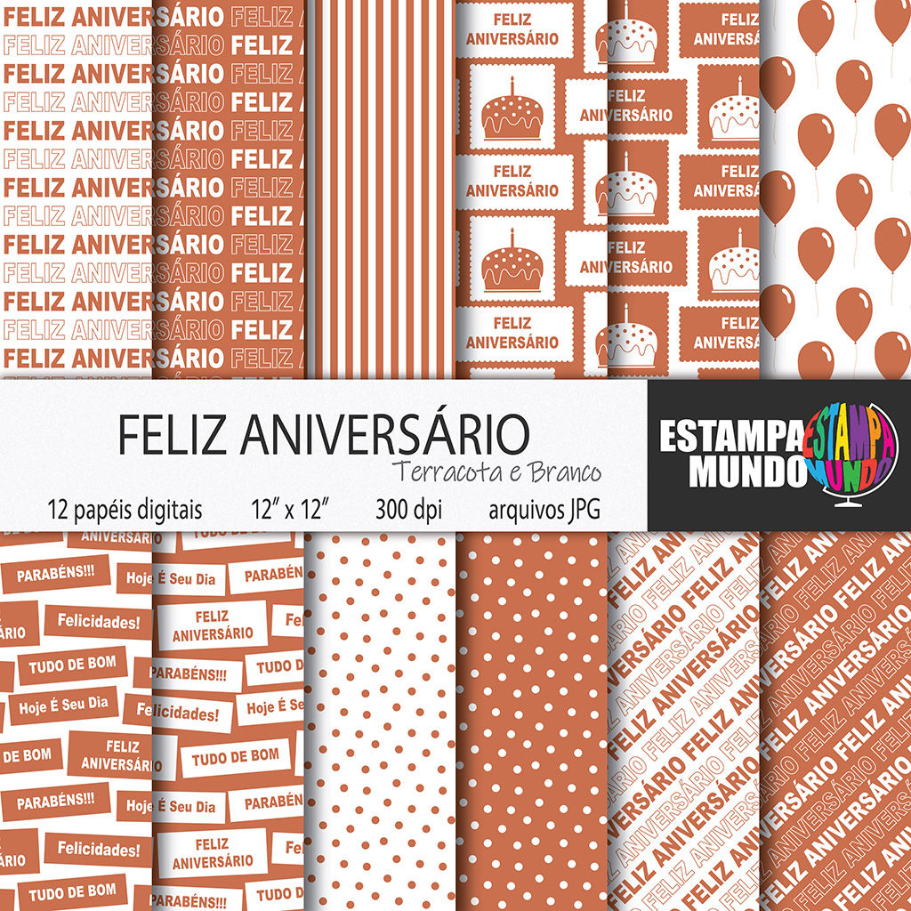 Papel Digital Feliz Aniversário Marrom Terracota e Branco