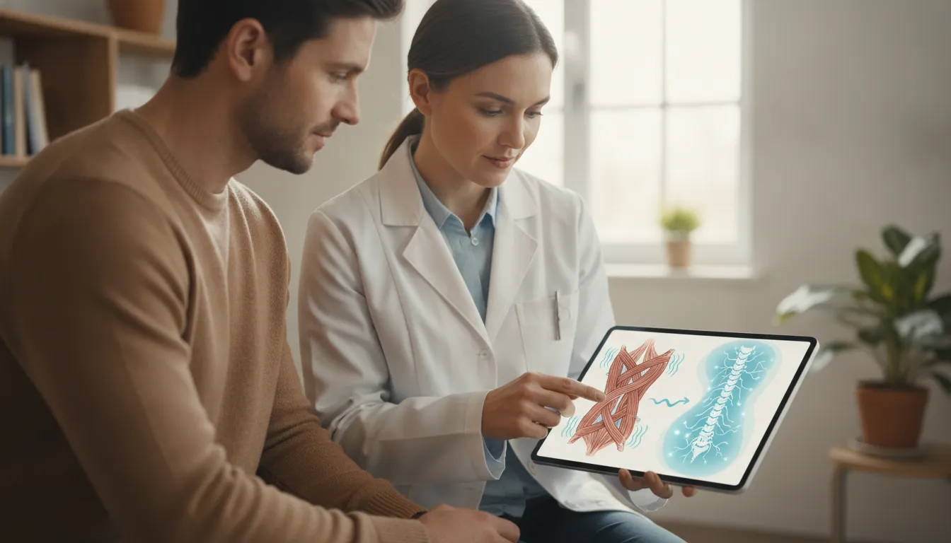 Patient and pain specialist reviewing lower-back muscle and spinal nerve pathways when comparing ReActiv8 and spinal cord stimulation