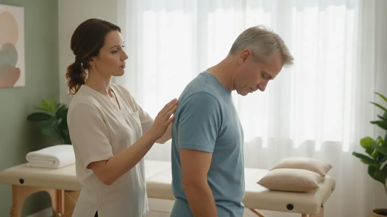 Physical therapist guiding an adult through a gentle neck movement assessment