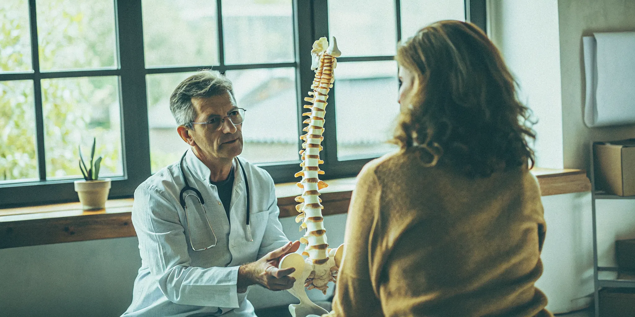 Pain management specialist explaining treatment options with a spine model