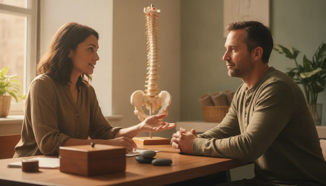 Physician reviewing a back pain care plan with a patient