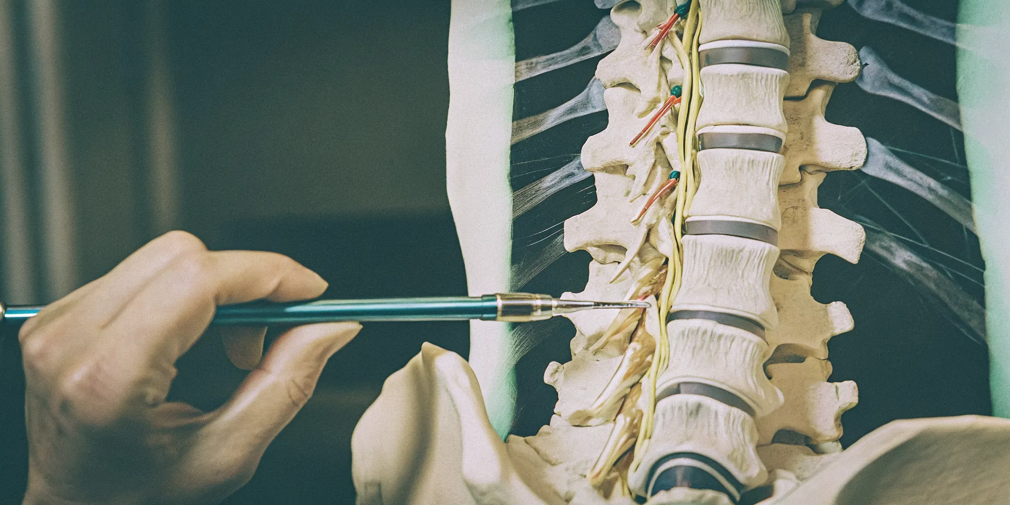 Illustration of radiofrequency ablation targeting a nerve near a lumbar facet joint