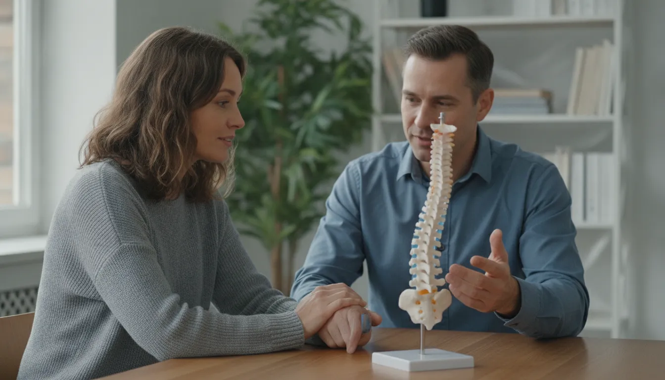 Physician and patient reviewing a spine model during a pain evaluation