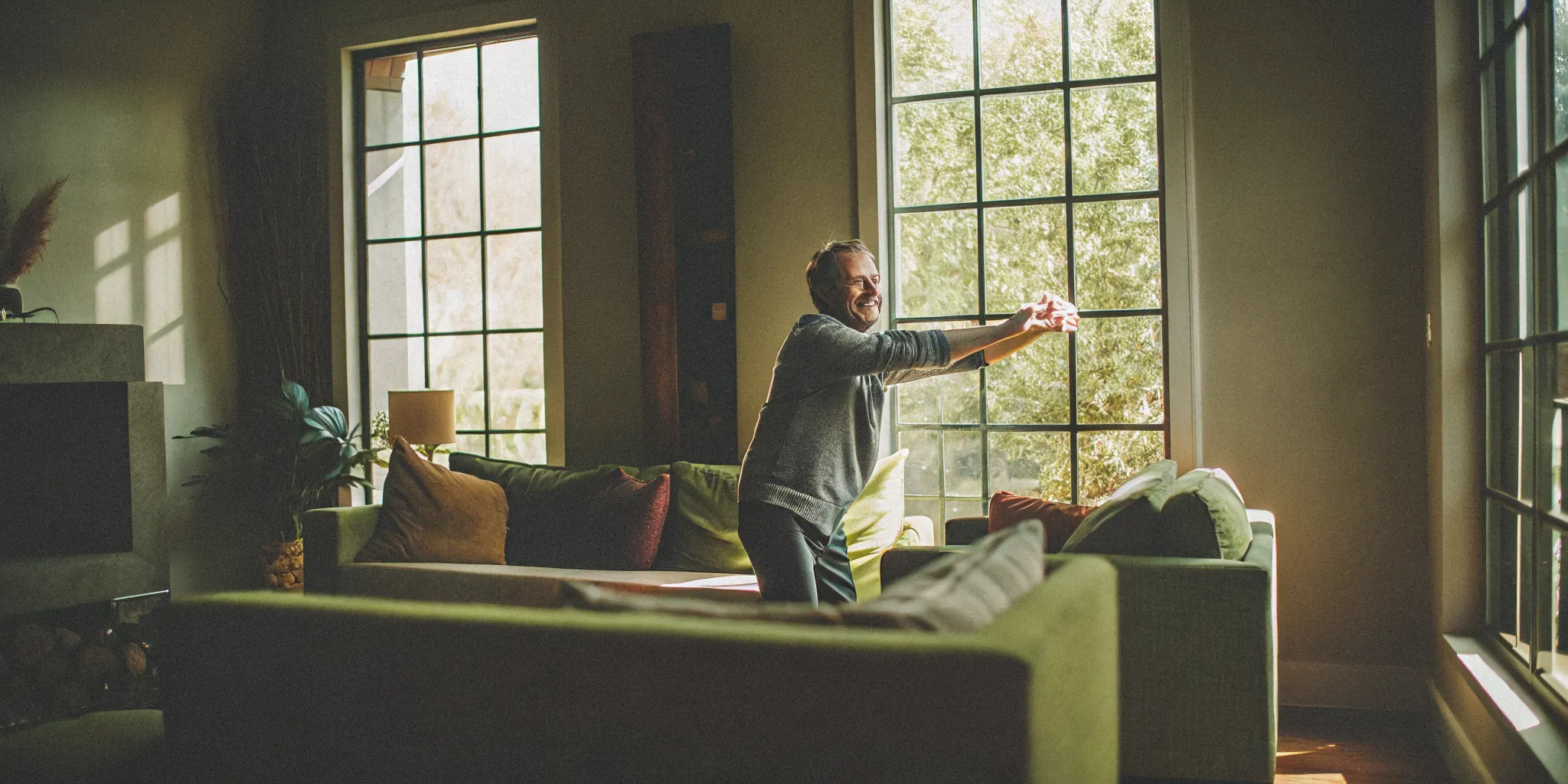 An active adult patient stretching and smiling in a bright, modern San Antonio home after successful recovery