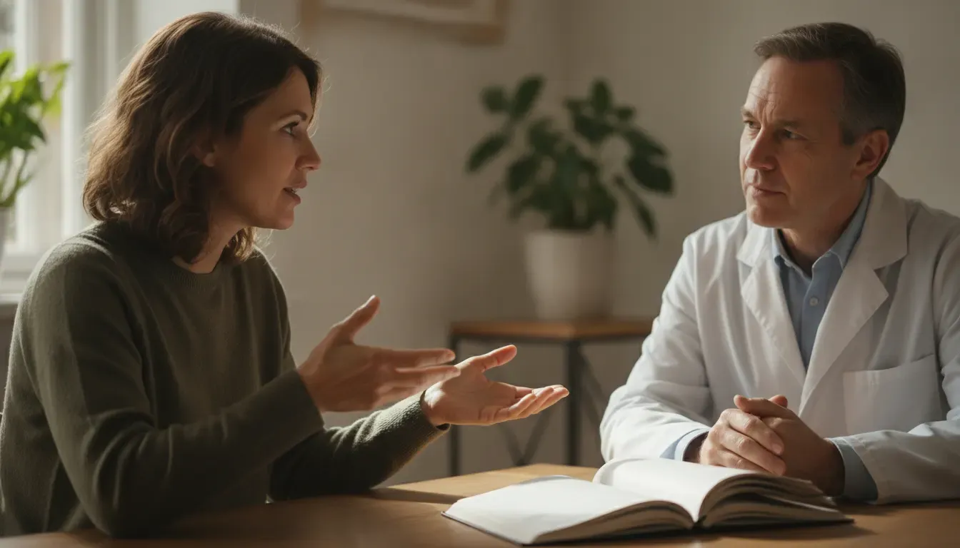 Patient describing headache symptoms during a migraine evaluation