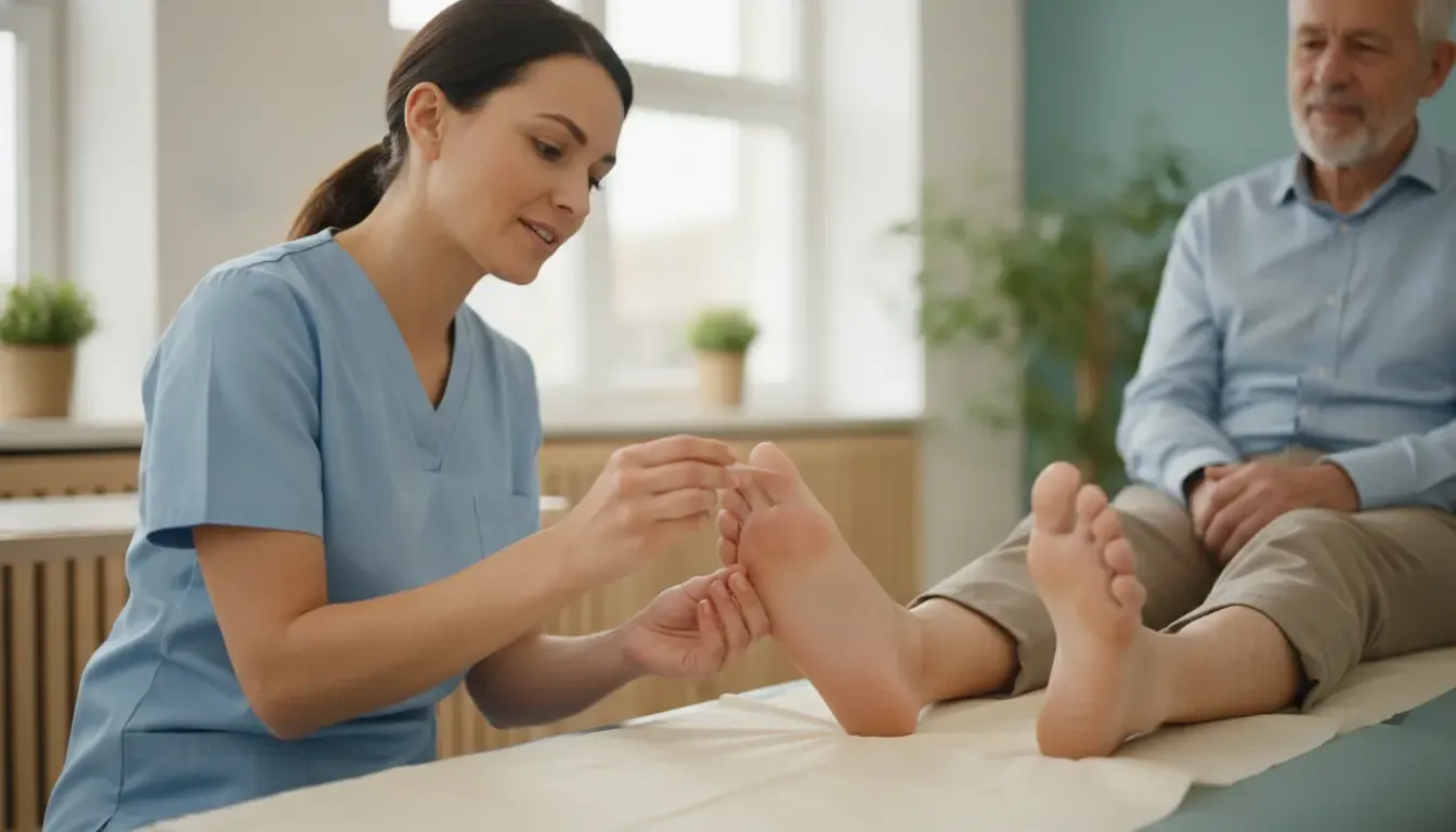 Clinician checking a patient's foot and lower leg during a peripheral neuropathy evaluation