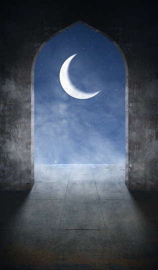 Archway of mosque door with shining crescent moon light through it Islamic religion, Ramad