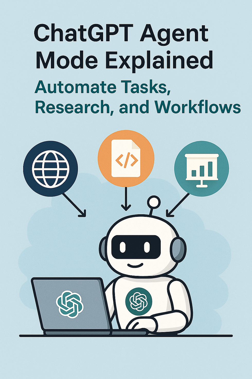 Illustration of ChatGPT Agent Mode automating tasks like research, coding, and creating reports