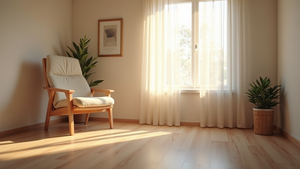 Eye-level view of a calm therapy room with a comfortable chair and soft lighting