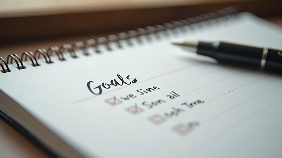 Close-up view of a notebook with a list of goals and a pen
