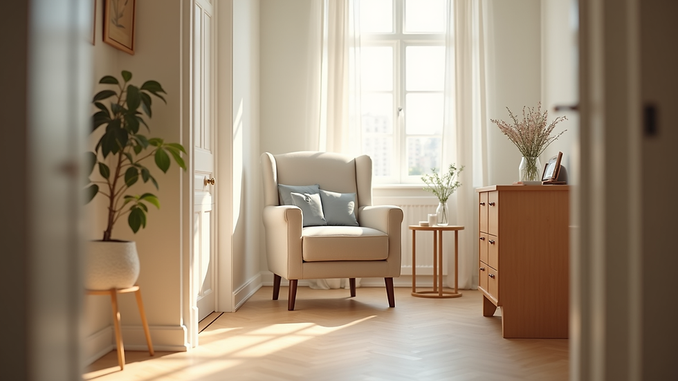 Eye-level view of a calm therapy room with a comfortable chair and soft lighting