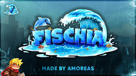 Text "Fischia" with wave and dolphin illustration.