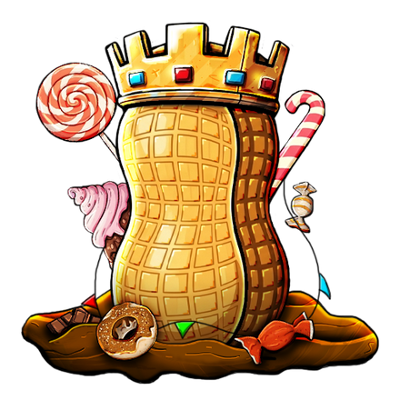 Candy-themed castle with sweets and a crown.