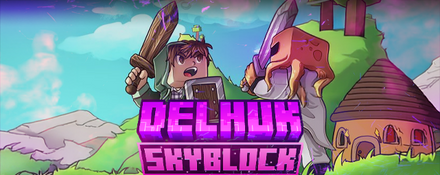 Cartoon characters with swords, "Delhuk Skyblock" text.