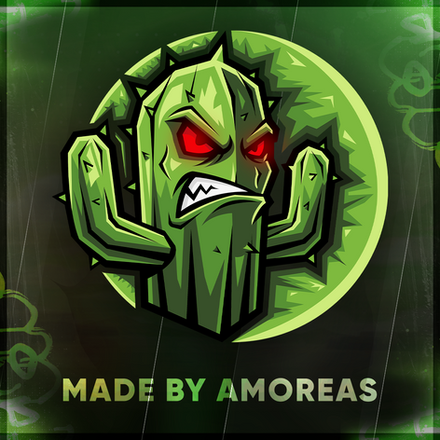 Angry cactus character with red eyes and green background.
